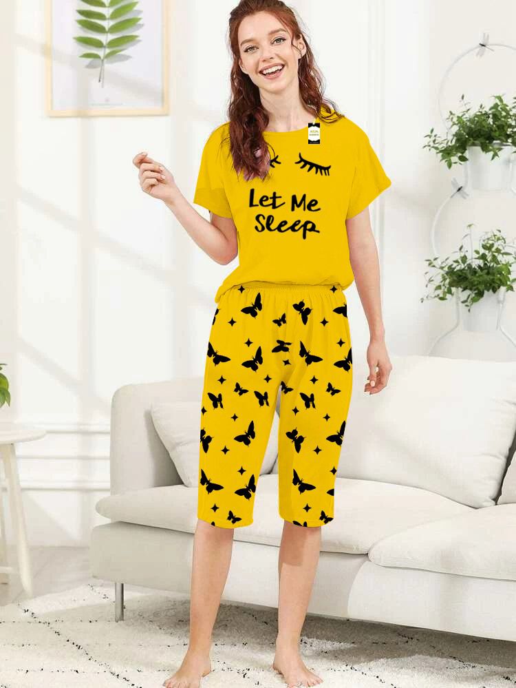 Capri Night Wear Leet Me Sleep With Printed Troucer - Yellow -05