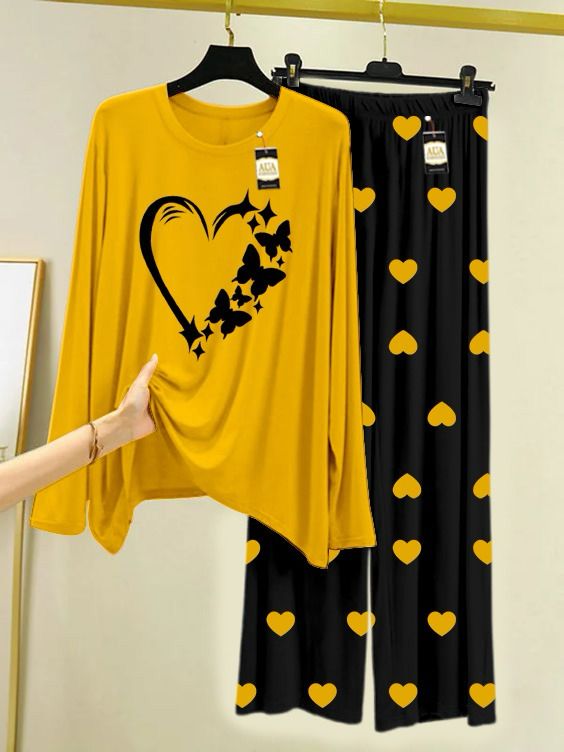 Yellow Women Heart Printed Night Wear For Womens With Black Mini Heart Trouser - 32