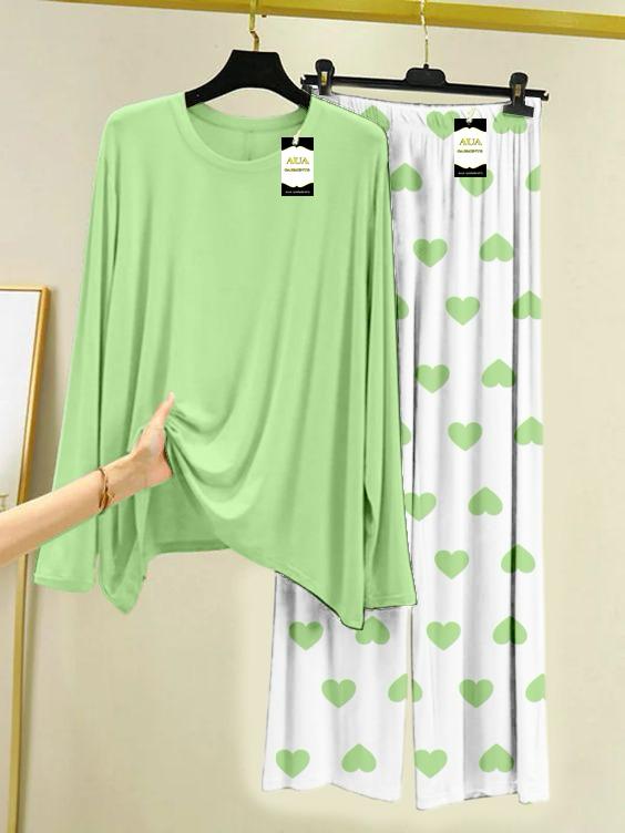 Sea Green Plain Night Wear For Womens With Mini Heart Trouser - 05