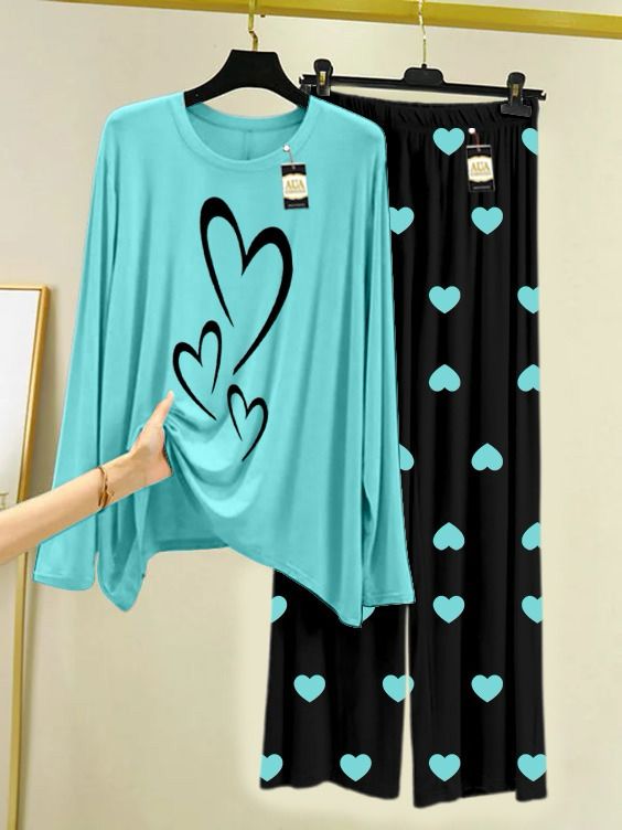Sky Blue Multie Heart Printed Night Wear For Womens With Black Mini Heart Troucer - 03