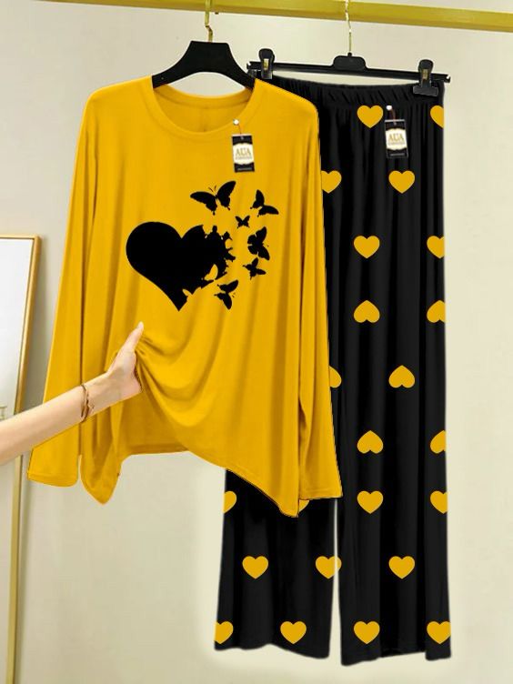 Yellow New Heart Printed Night Wear For Womens With Black Mini Heart Troucer - 31