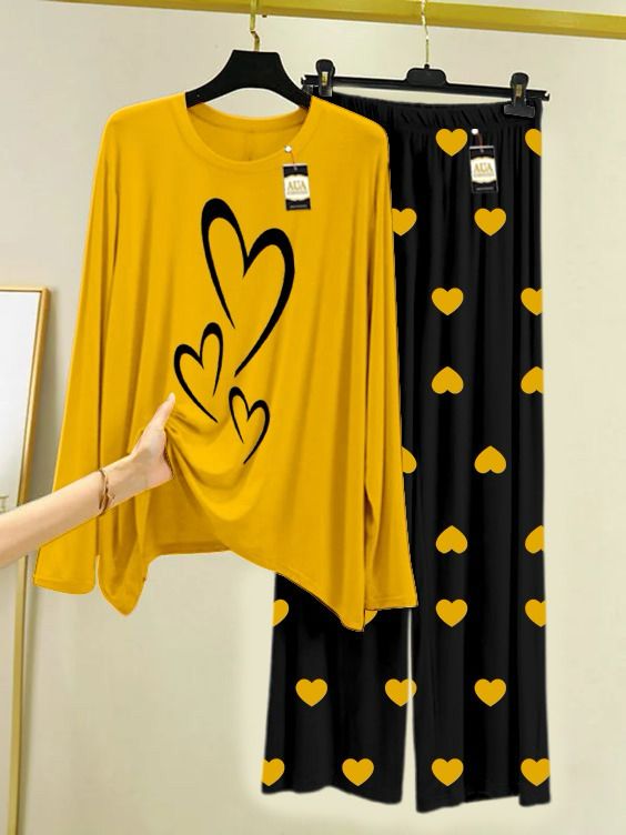 Yellow Multie Heart Printed Night Wear For Womens With Black Mini Heart Trouser - 34