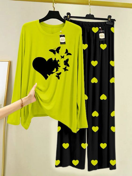 Yellow New Heart Printed Night Wear For Womens With Black Mini Heart Trouser - 35