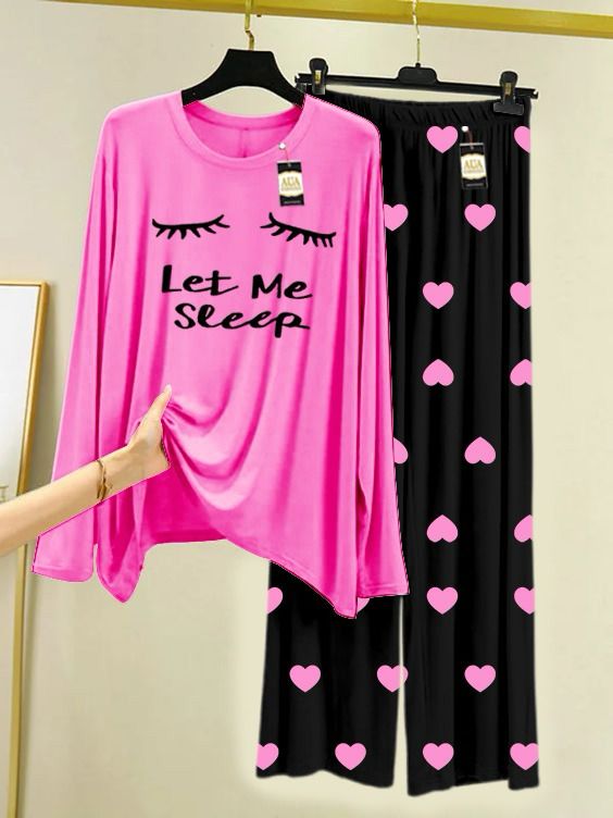 Dark Pink Leet Me Sleep Printed Night Wear For Womens With Black Mini Heart Trouser - 14