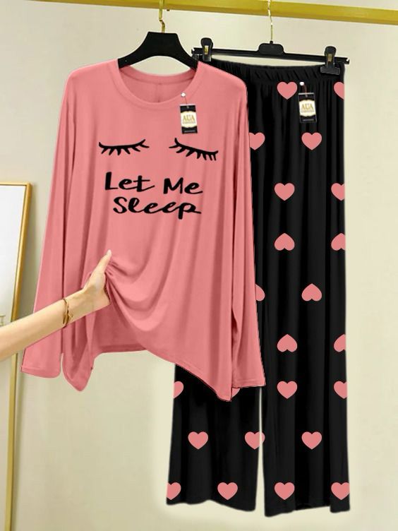 Peach Leet Me Sleep Printed Night Wear For Womens With Black Mini Heart Troucer - 22