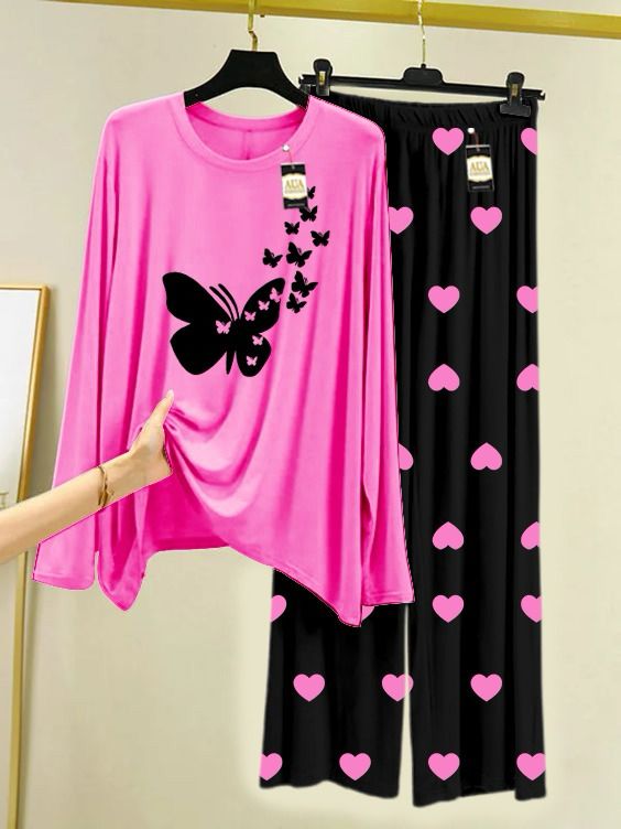 Dark Pink Mini Butterfly Printed Night Wear For Womens With Black Mini Heart Troucer - 21