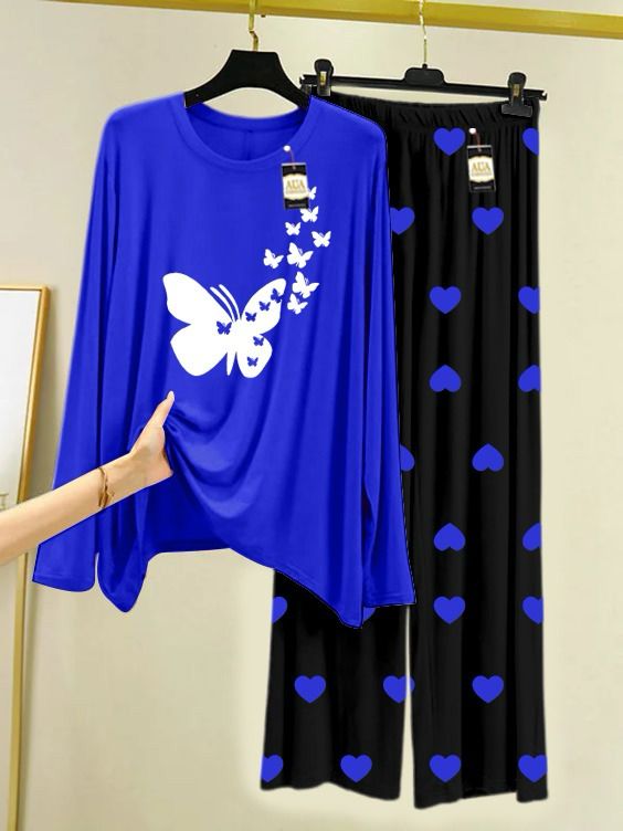 Royel Blue Mini Butterfly Printed Night Wear For Womens With Black Mini Heart Troucer - 30