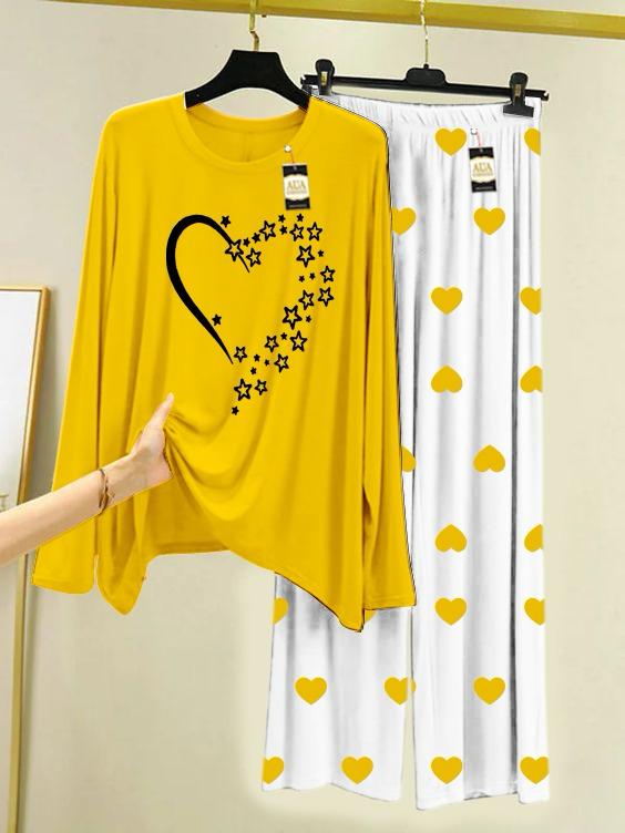 Yellow Star Heart Printed Night Wear For Womens With Mini Heart Trouser - 04