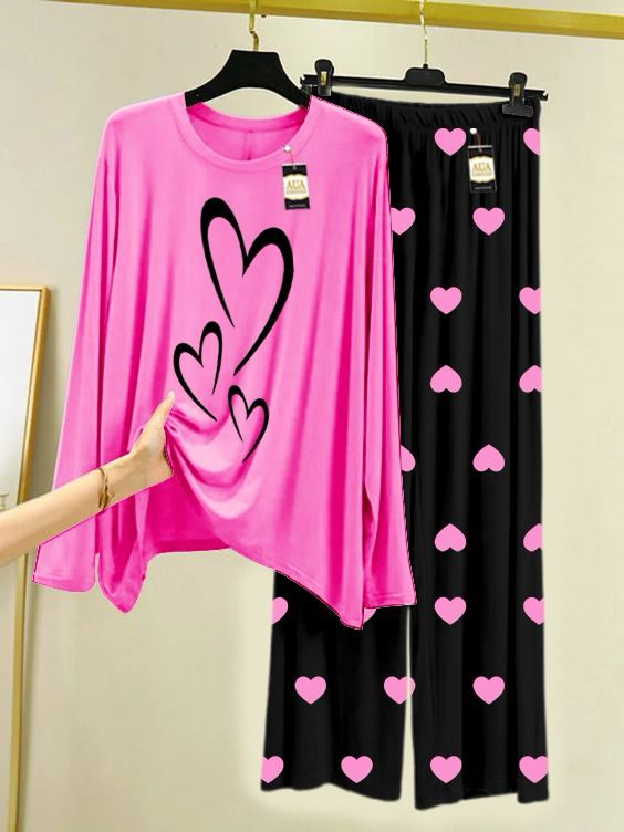 Dark Pink Multie Heart Printed Night Wear For Womens With Black Mini Heart Troucer - 18