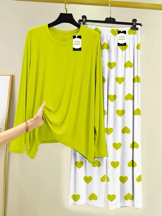 Green Plain Night Wear For Womens With Mini Heart Trouser - 06