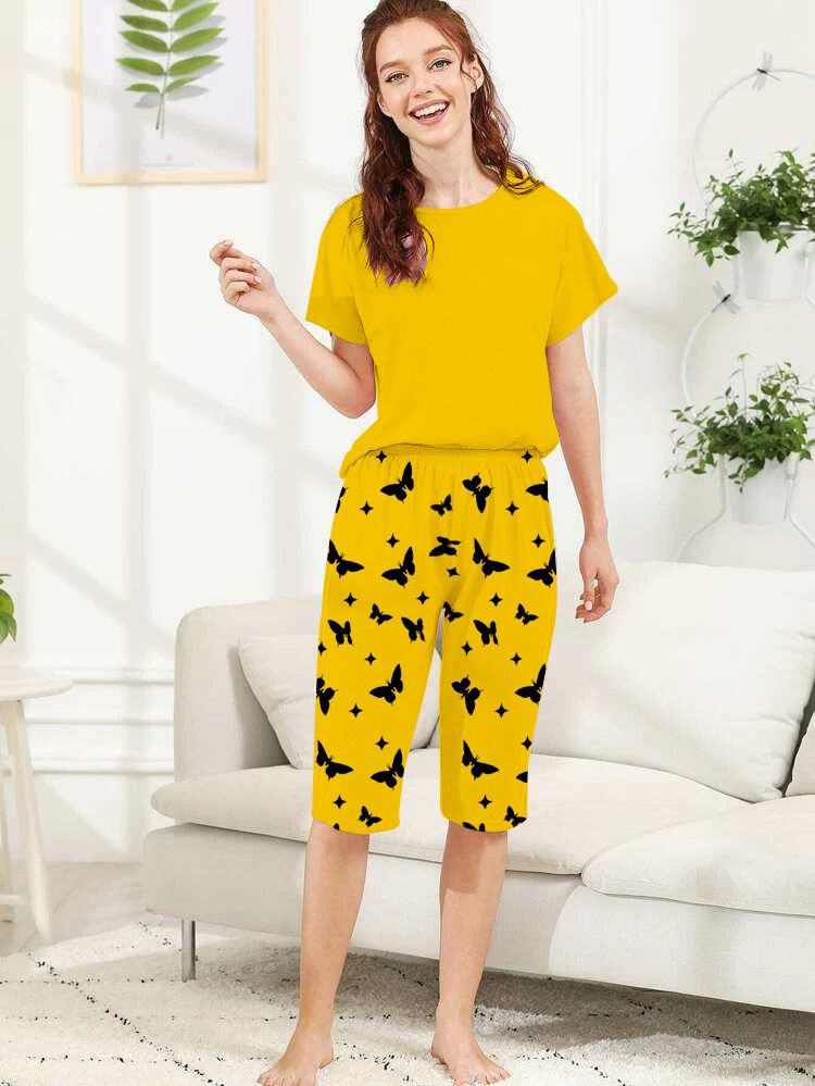 Capri Night Wear Plain With Printed Troucer - Yellow - 01