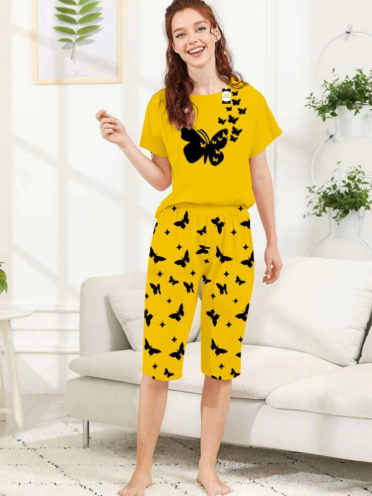 Capri Night Wear Mini Butterfly With Printed Troucer - Yellow -06