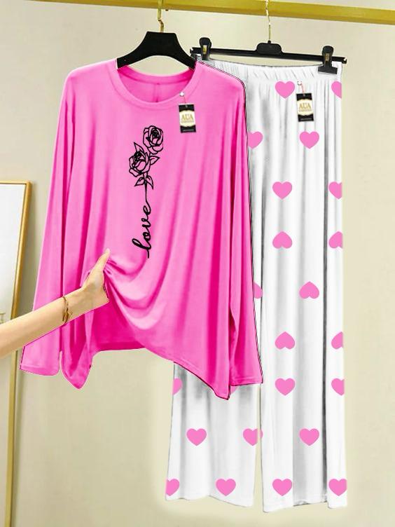 Dark Pink Rose Love Printed Night Wear For Womens With Mini Heart Trouser - 05