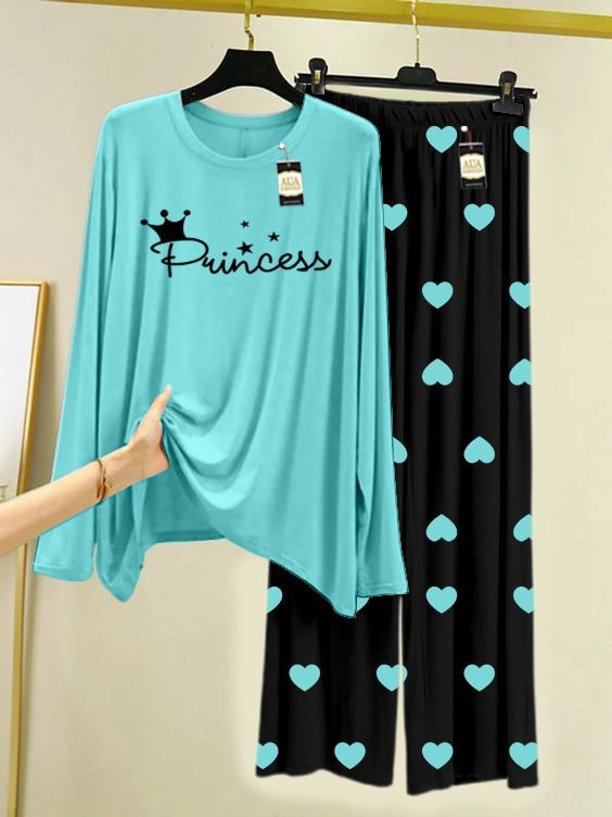 Sky Blue Princess Printed Night Wear For Womens With Black Mini Heart Troucer - 16