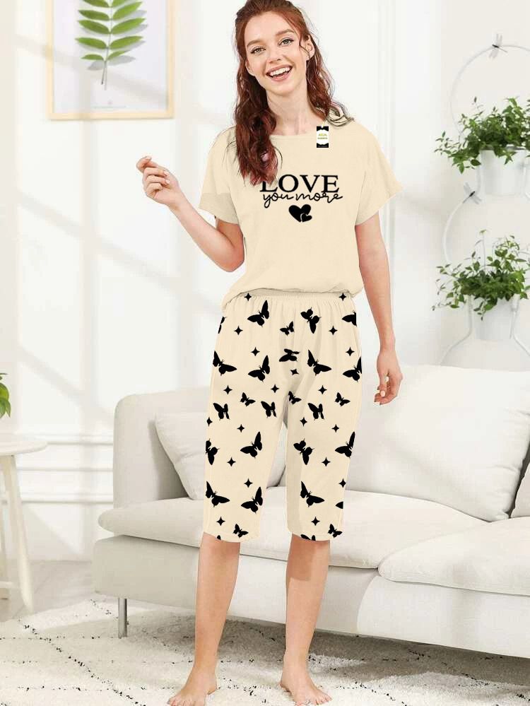 Capri Night Wear Love You More With Printed Troucer - Beige -04