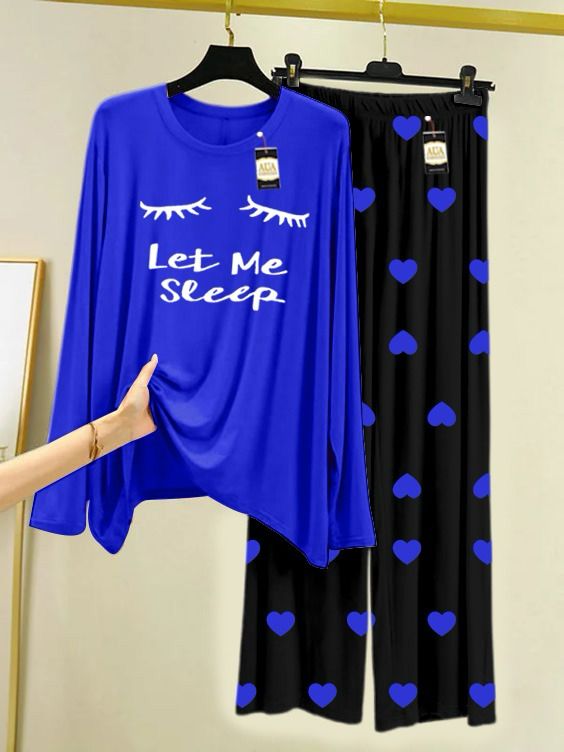 Royel Blue Leet Me Sleep Printed Night Wear For Womens With Black Mini Heart Troucer - 29