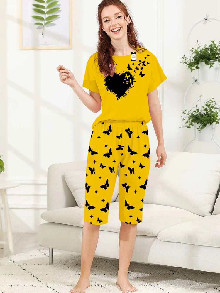 Capri Night Wear Butterfly Heart With Printed Troucer - Yellow - 03