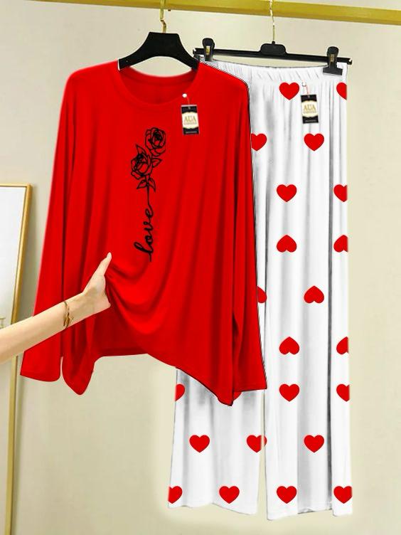 Red Rose Love Printed Night Wear For Womens With Mini Heart Trouser - 04