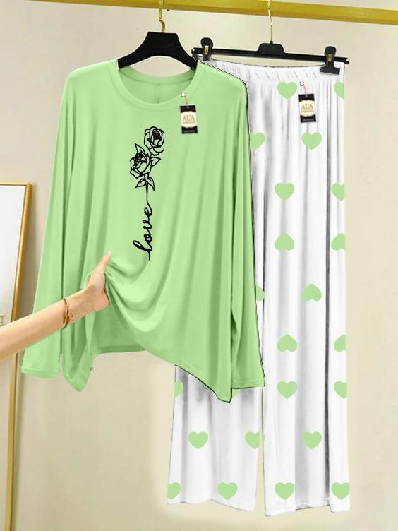 Sea Green Rose Love Printed Night Wear For Womens With Mini Heart Trouser - 04
