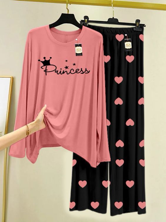 Peach Princess Printed Night Wear For Womens With Black Mini Heart Troucer - 07