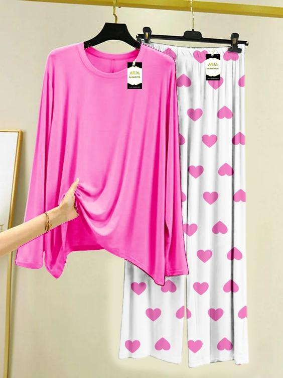 Dark Pink Plain Night Wear For Womens With Mini Heart Trouser - 06