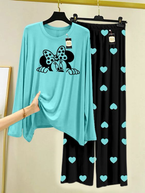Sky Blue micky Printed Night Wear For Womens With Black Mini Heart Troucer - 13