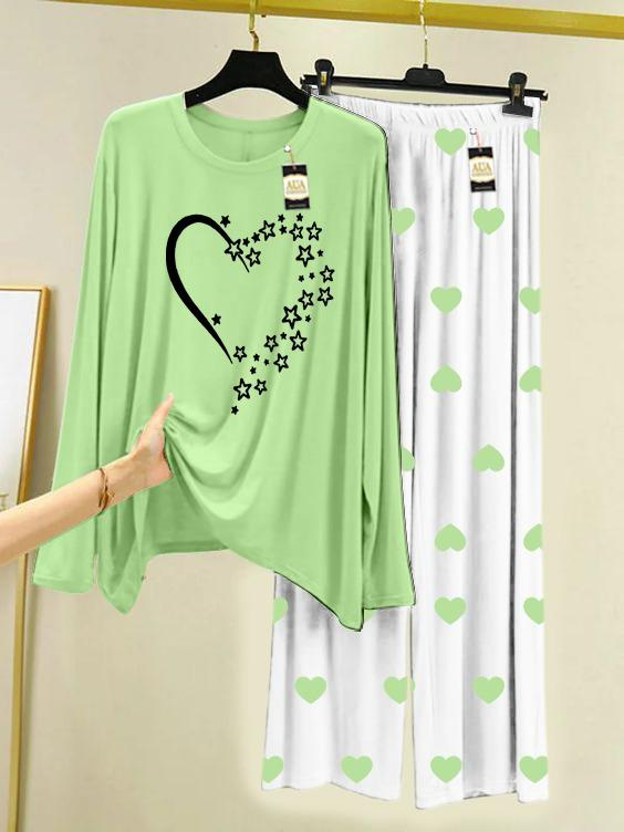 Sea Green Star Heart Printed Night Wear For Womens With Mini Heart Trouser - 02