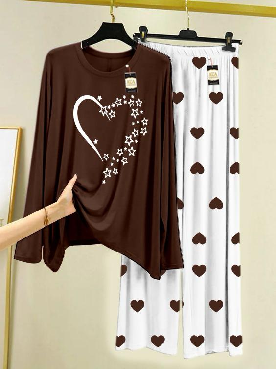 Brown Star Heart Printed Night Wear For Womens With Mini Heart Trouser - 02