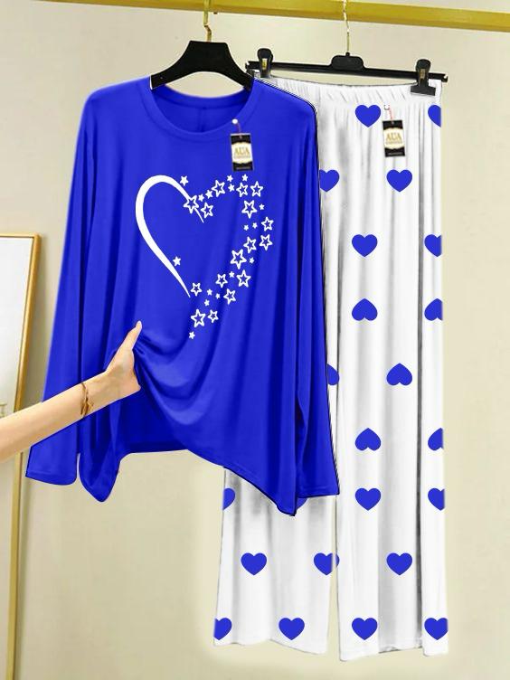 Royel Blue Star Heart Printed Night Wear For Womens With Mini Heart Trouser - 02