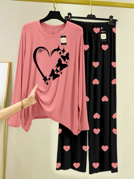Peach Women Heart Printed Night Wear For Womens With Black Mini Heart Troucer - 05