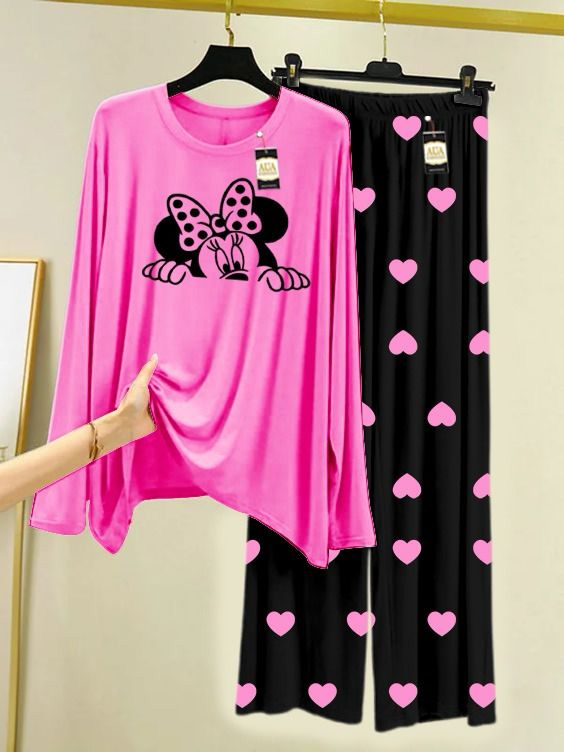 Dark Pink Micky Printed Night Wear For Womens With Black Mini Heart Troucer - 19