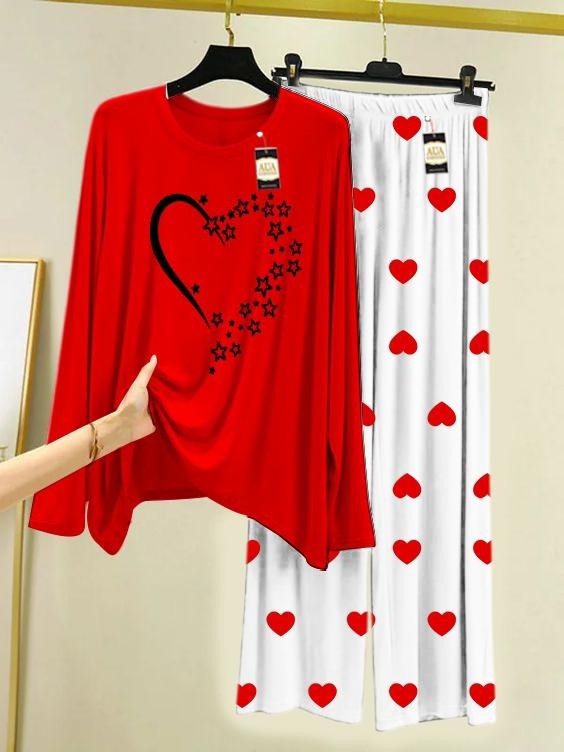 Red StarHeart Printed Night Wear For Womens With Mini Heart Trouser - 01