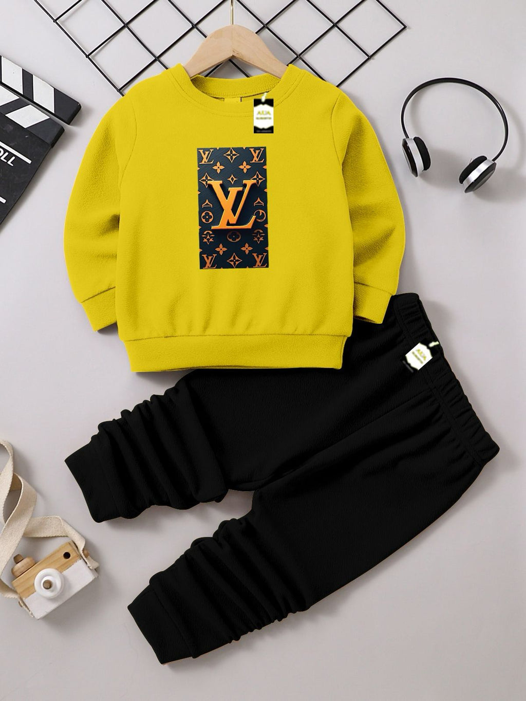 Yellow and Black (LV) Printed Kids Tracksuit for Winter By SH Moon Wear