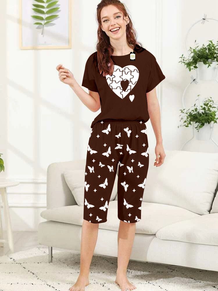 Capri Night Wear  Puzzle Heart With Printed Troucer - Brown -05