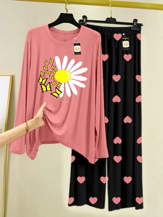 Peach Butterfly Flower Printed Night Wear For Womens With Black Mini Heart Troucer - 12