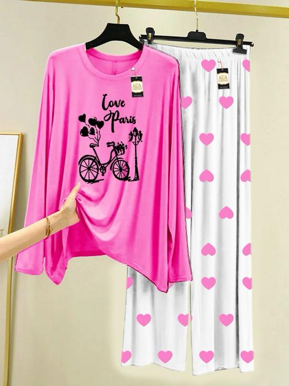 Dark Pink  Love Pairs Printed Night Wear For Womens With Mini Heart Trouser - 01