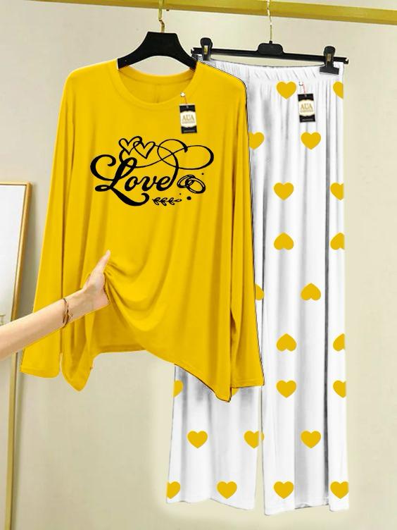 Yellow Love Printed Night Wear For Womens With Mini Heart Trouser - 05