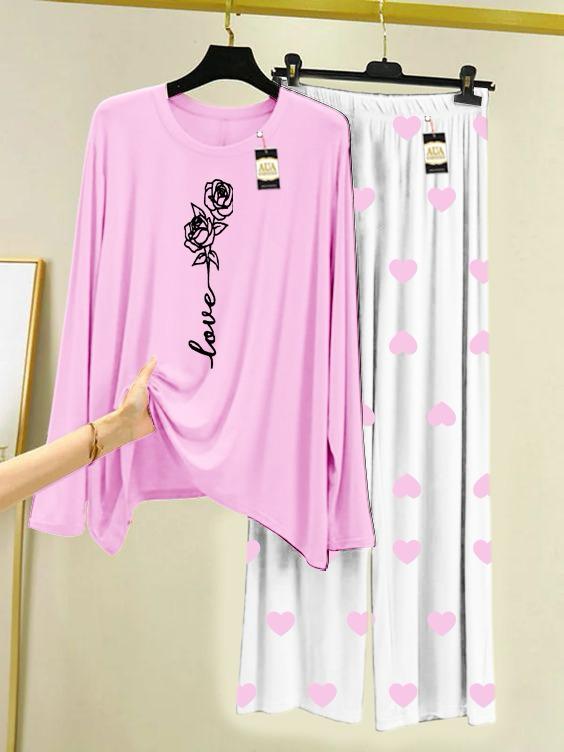 Baby Pink Rose Love Printed Night Wear For Womens With Mini Heart Trouser - 04