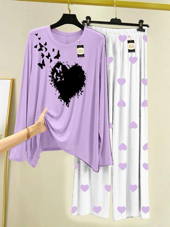 Purple Heart Butterfly Printed Night Wear For Womens With Mini Heart Trouser - 04