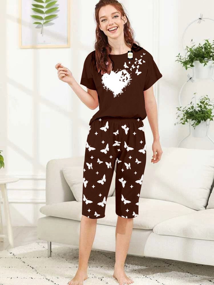 Capri Night Wear Heart Butterfly With Printed Troucer - Brow -04