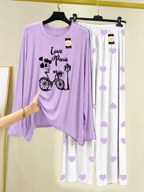 Purple Love Paris Printed Night Wear For Womens With Mini Heart Trouser - 01