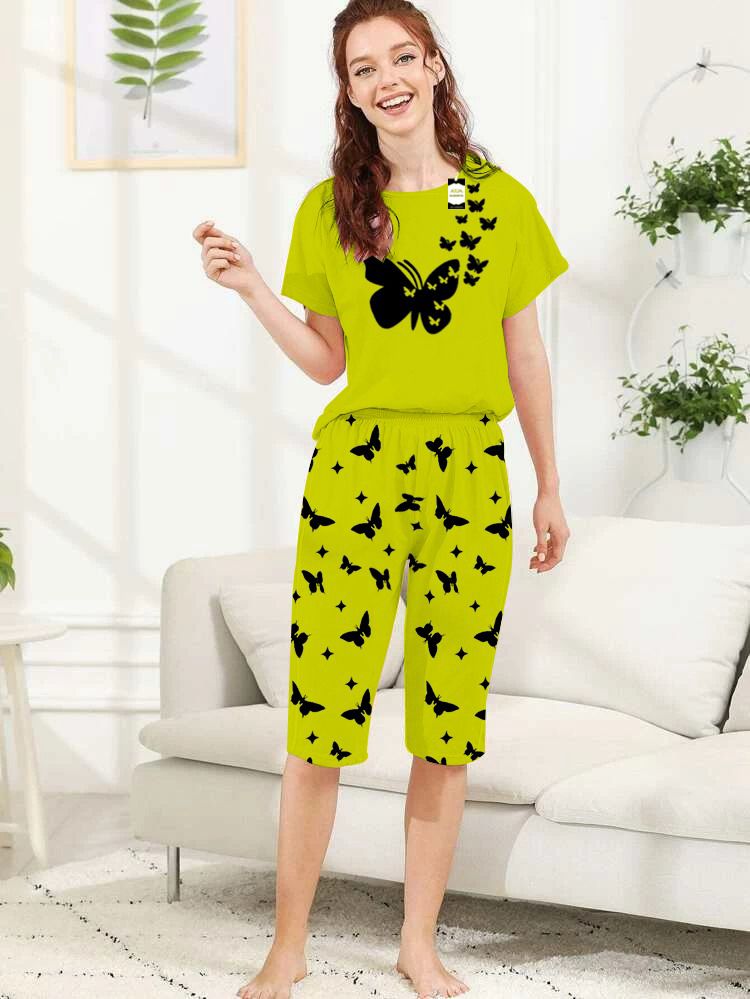 Capri Night Wear Mini ButterflyWith Printed Troucer - Green -06