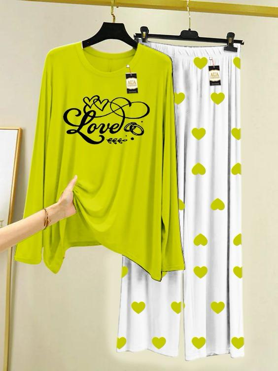 Green love Printed Night Wear For Womens With Mini Heart Trouser - 05