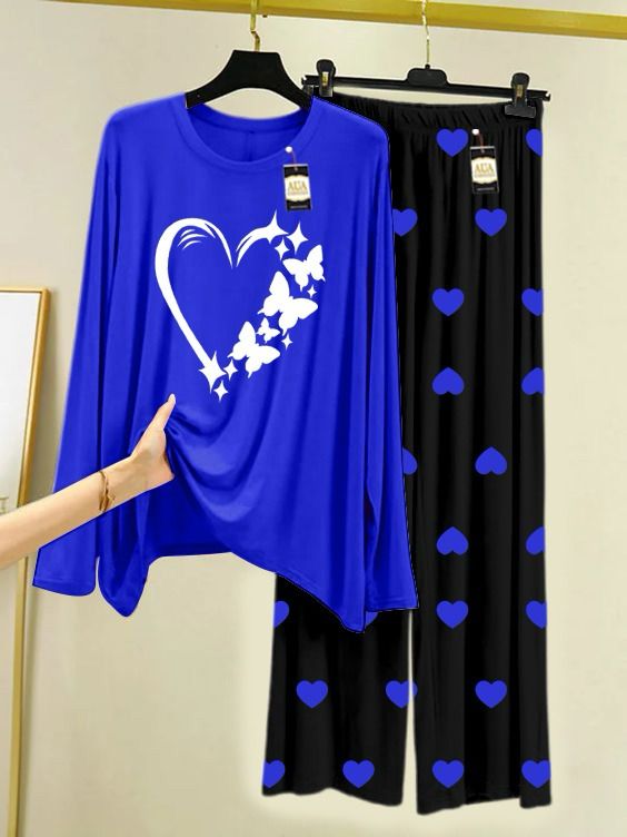 Royel Blue Women Heart Printed Night Wear For Womens With Black Mini Heart Troucer - 26