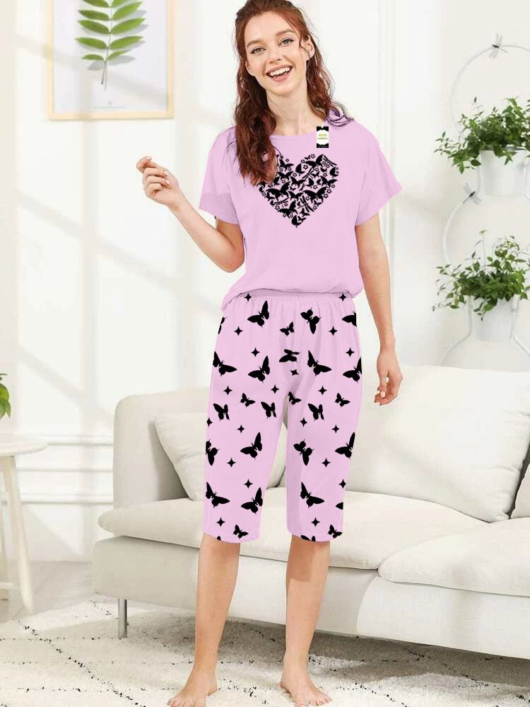 Capri Night Wear Heart Butterfly With Printed Troucer - Baby Pink -05