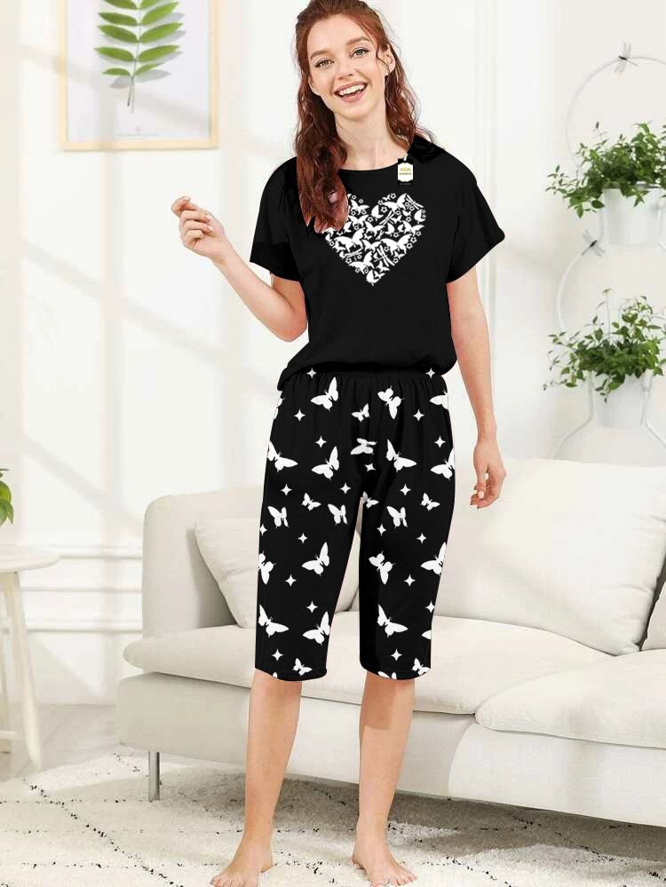 Capri Night Wear Heart Butterfly With Printed Troucer - Black -06