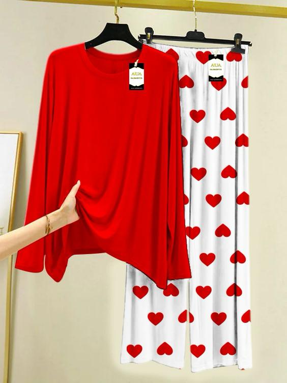 Red Plain Night Wear For Womens With Mini Heart Trouser - 06