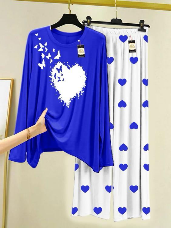 Royel Blue Heart Butterfly Printed Night Wear For Womens With Mini Heart Trouser - 05