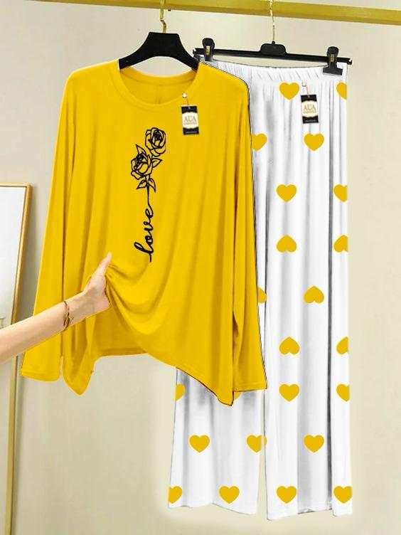 Yellow  RoseLove Printed Night Wear For Womens With Mini Heart Trouser - 02