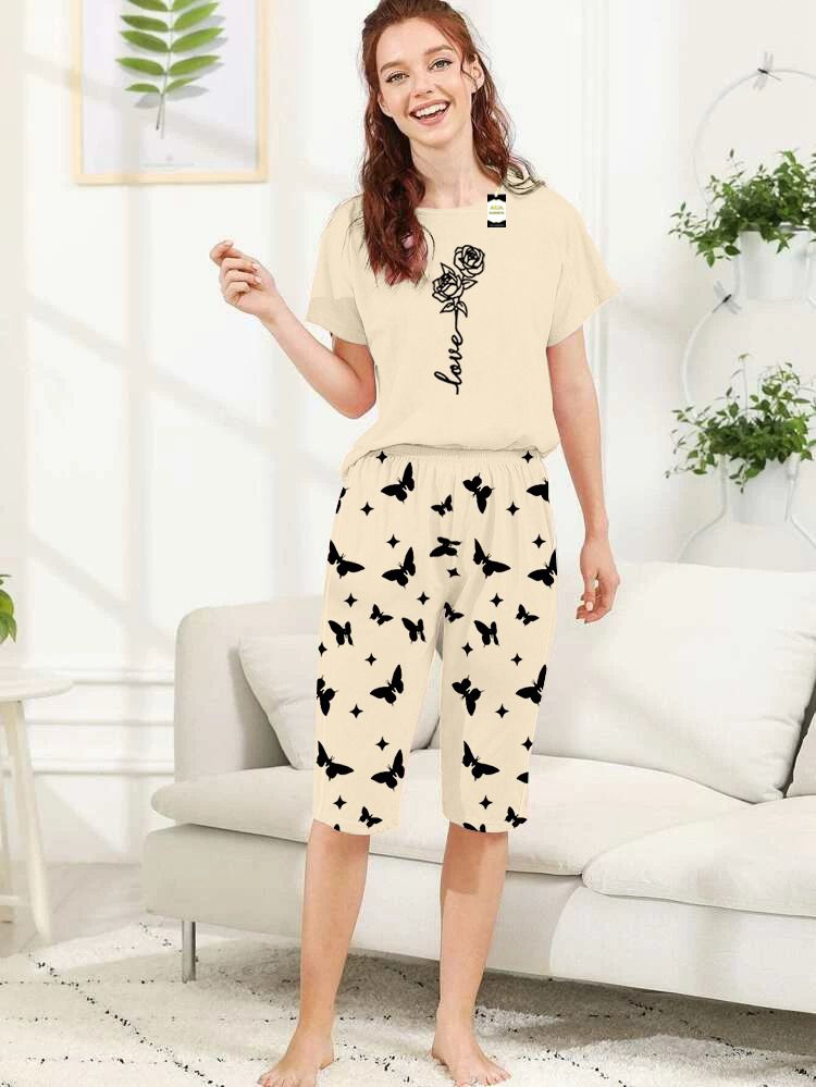 Capri Night Wear Rose Love With Printed Troucer - Beige -01